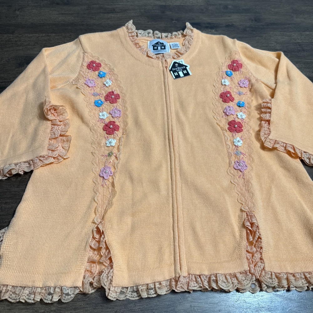Storybook Knits Vtg Cardigan Sweater Cottage Core Floral Lace NWT Grannycore L